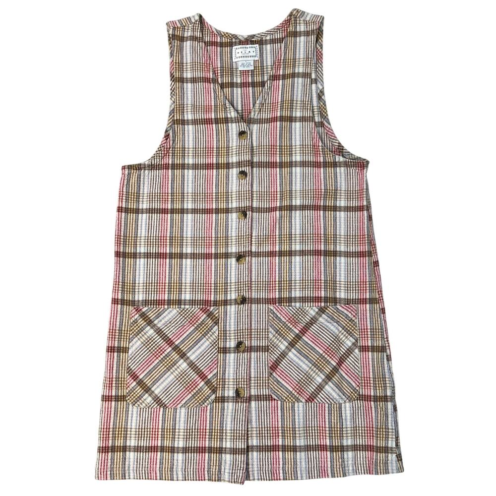 Vintage 90's The Relay Company Plaid 100% Cotton Button Front Tank Dress (Sz L)